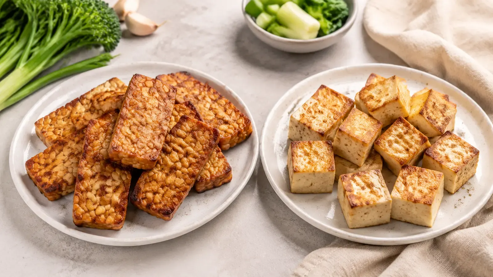 Golden tempeh slices and browned tofu cubes served side by side on separate plates