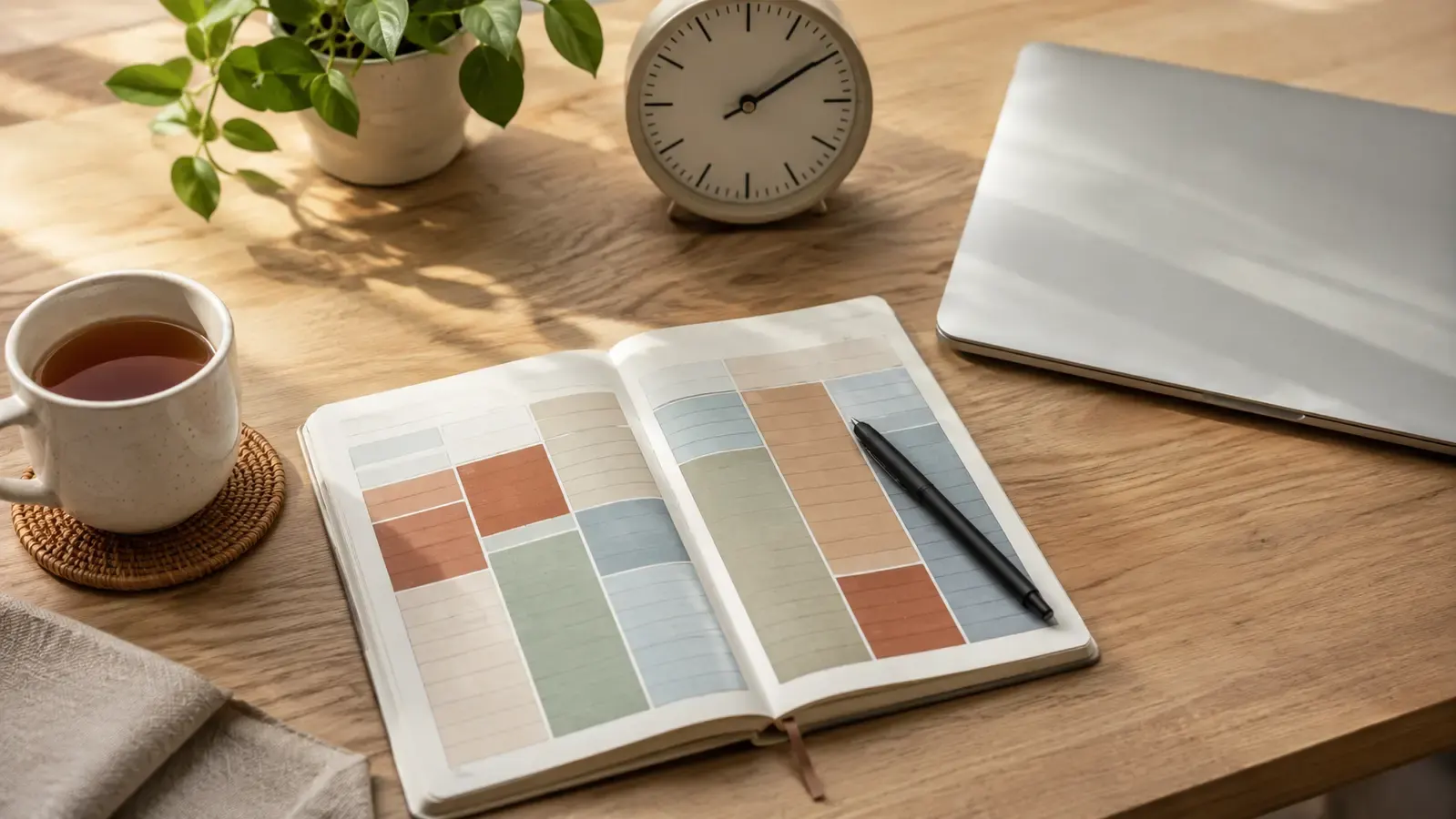 Daily planner divided into calm colored time blocks beside a clock and closed laptop