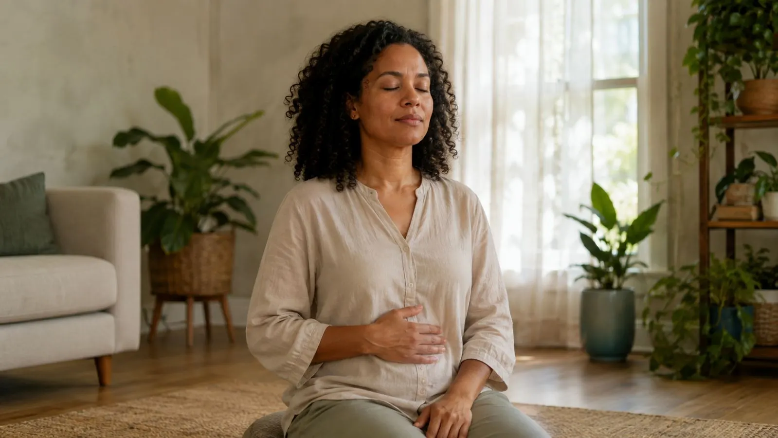 Woman seated upright in a calm living room practicing slow abdominal breathing