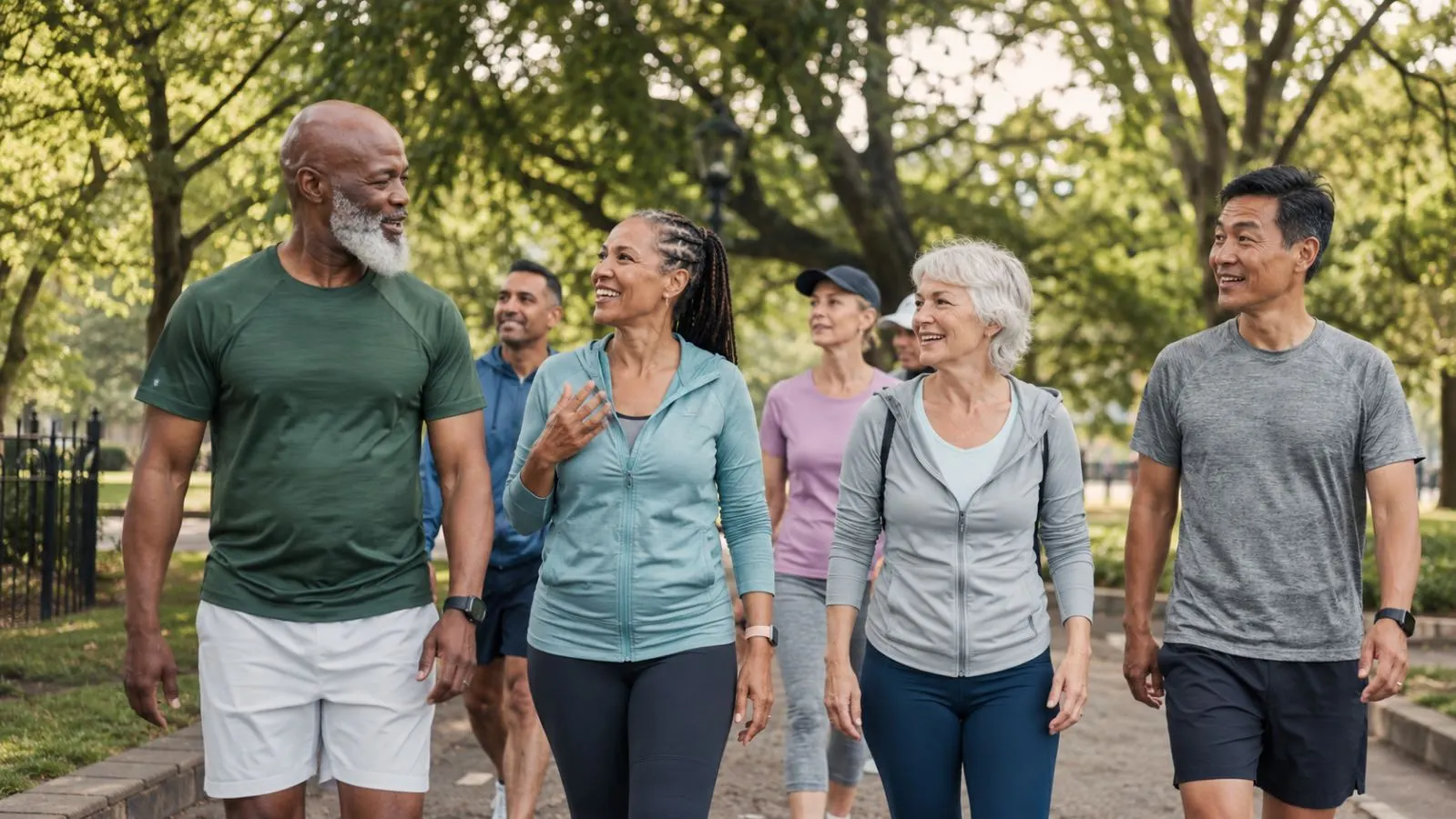 Diverse group of adults talking while walking briskly through a green city park