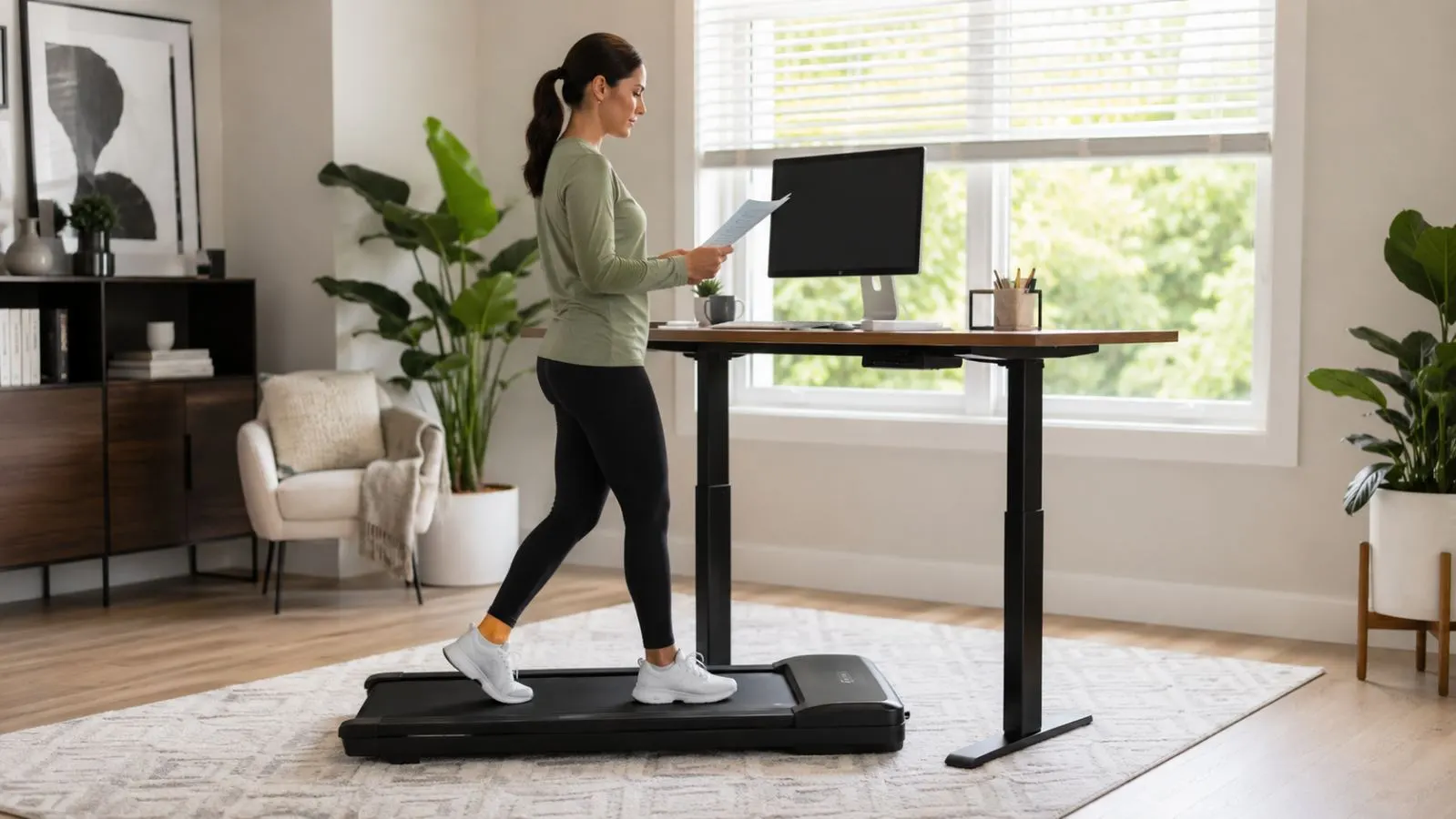 Woman walking slowly on a compact under-desk treadmill at a standing desk