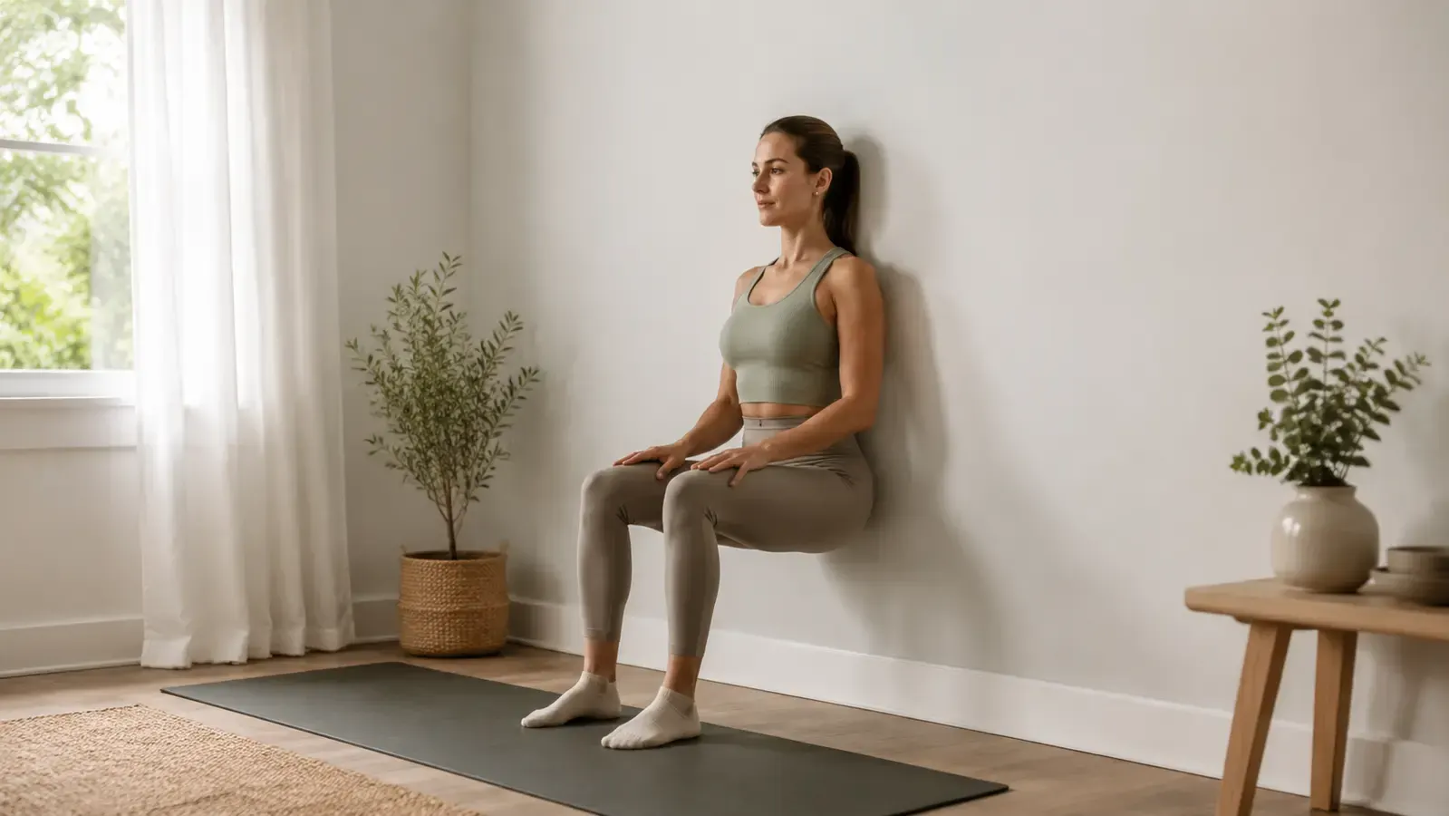 Woman performing a controlled supported wall squat in a bright home workout space