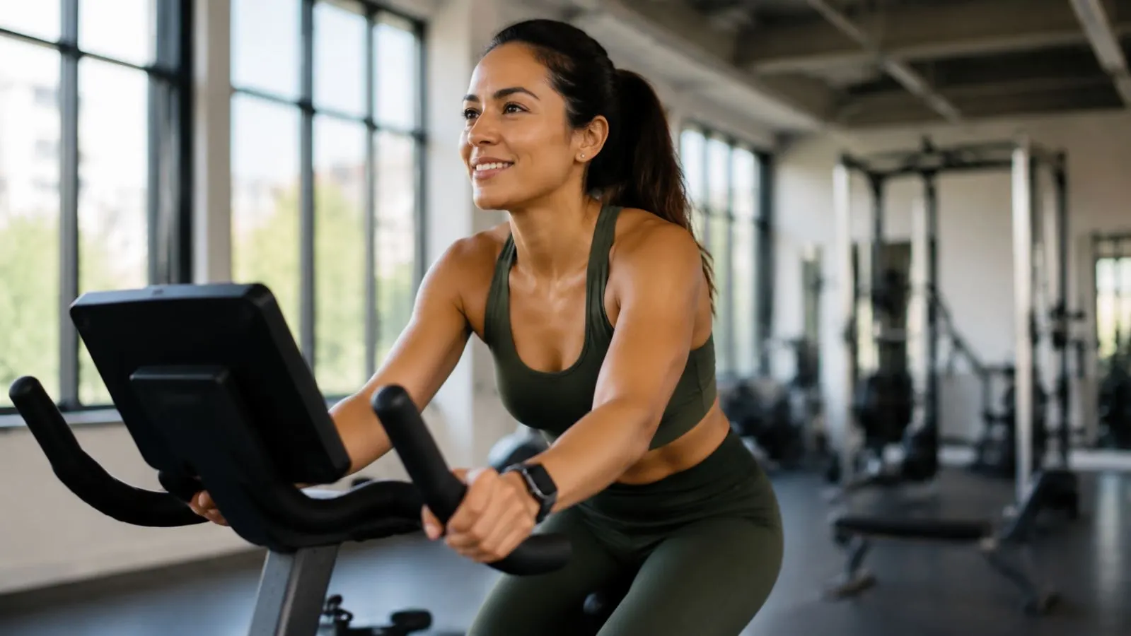 Woman doing steady relaxed cardio on a stationary bike in a bright gym